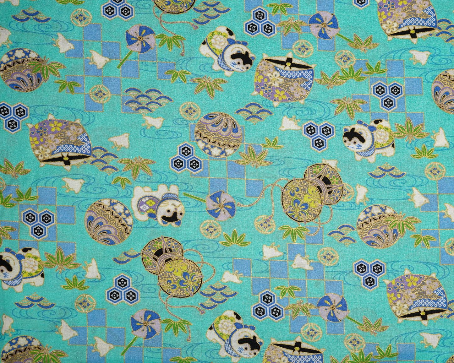 Decorative fabric with a pattern of cartoon characters and geometric shapes on a blue background
