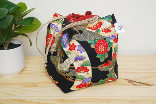 Komebukuro Bag - Black and Red Cranes